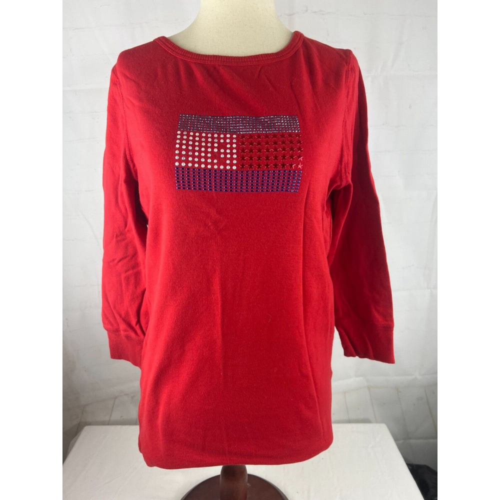Women’s Tommy Hilfiger Embellished Rhinestone Long Sleeve T-Shirt Size Large Red